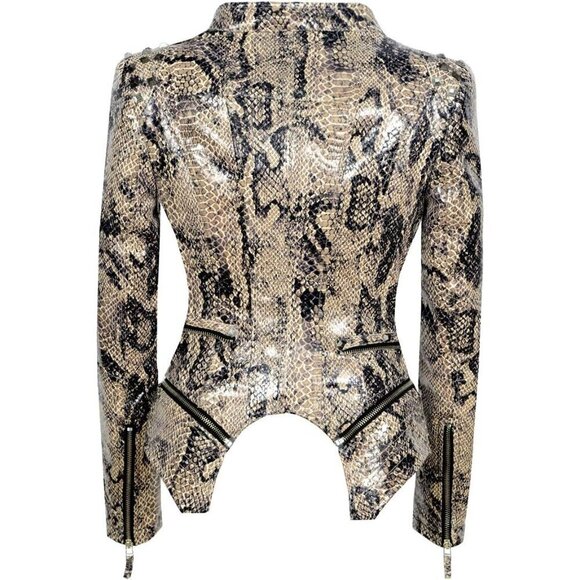 Women's Snake Pattern Rivet Studded PU Faux Leather Jacket Moto Biker Coat. - Picture 4 of 4